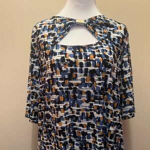 Nine West Abstract Blue and Gold Blouse NWOT